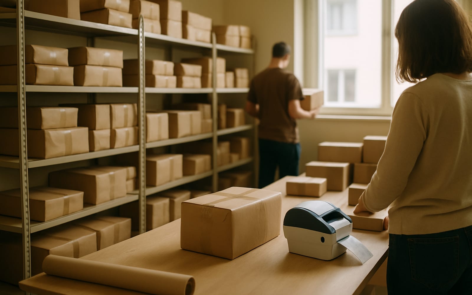 Balírna malého e-shopu s regály zásilek a tiskárnou štítků