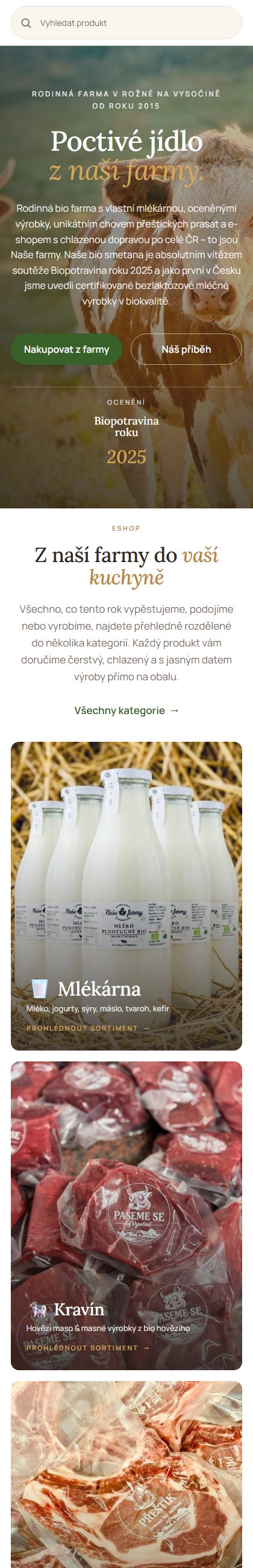 Úvodní stránka e-shopu Naše farmy na mobilu