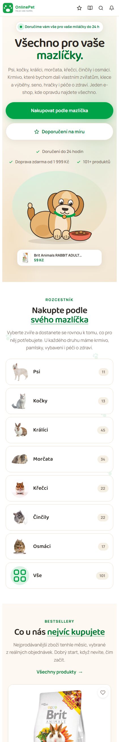 Úvodní stránka e-shopu OnlinePet na mobilu