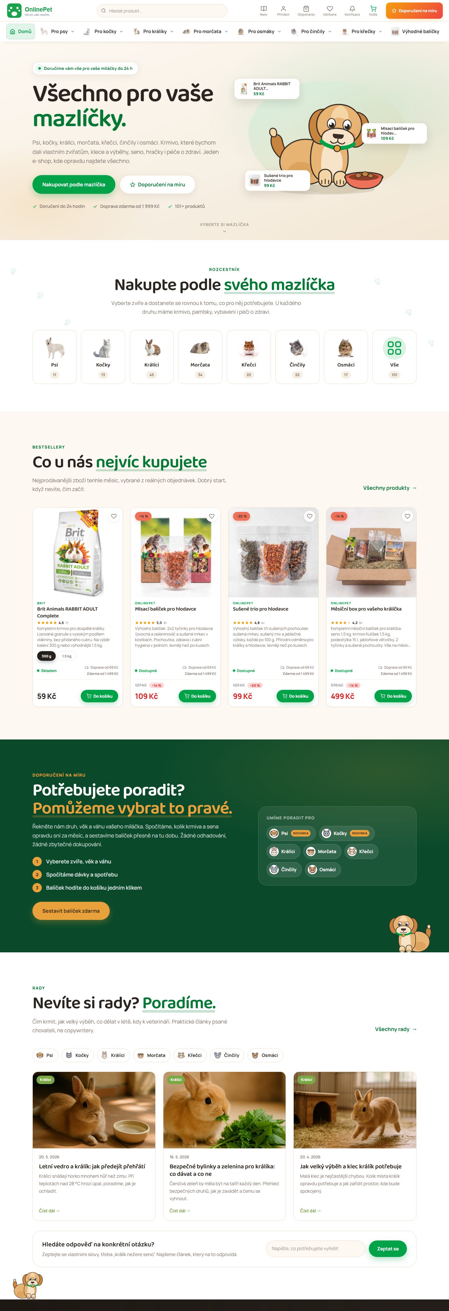 Úvodní stránka e-shopu OnlinePet na počítači
